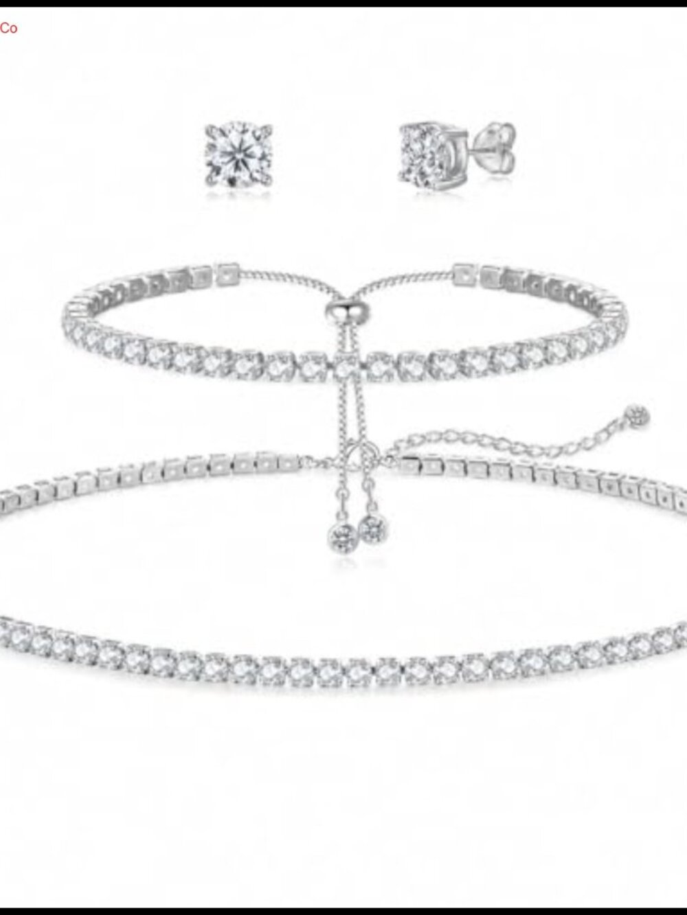 Silver Tone Tennis Necklace Bracelet Earrings Set Rhinestone Crystal Jewelry Set